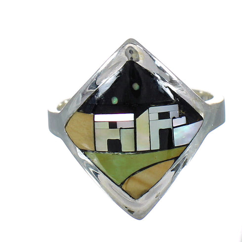 Silver And Multicolor Inlay Southwestern Native American Village Design Ring Size 6-1/2 YX78181